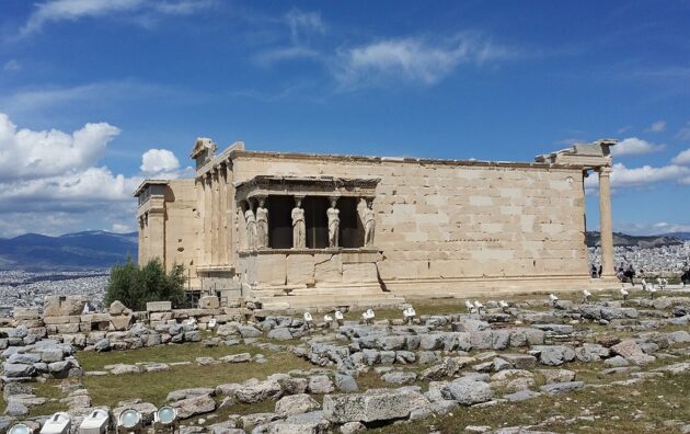 The Erechtheion or Temple of Athena Polias is an ancient Greek Ionic temple-telesterion on the north side of the Acropolis, Athens, which was primarily dedicated to the goddess Athena.