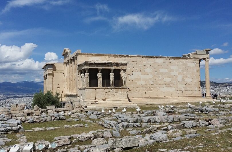 The Erechtheion or Temple of Athena Polias is an ancient Greek Ionic temple-telesterion on the north side of the Acropolis, Athens, which was primarily dedicated to the goddess Athena.